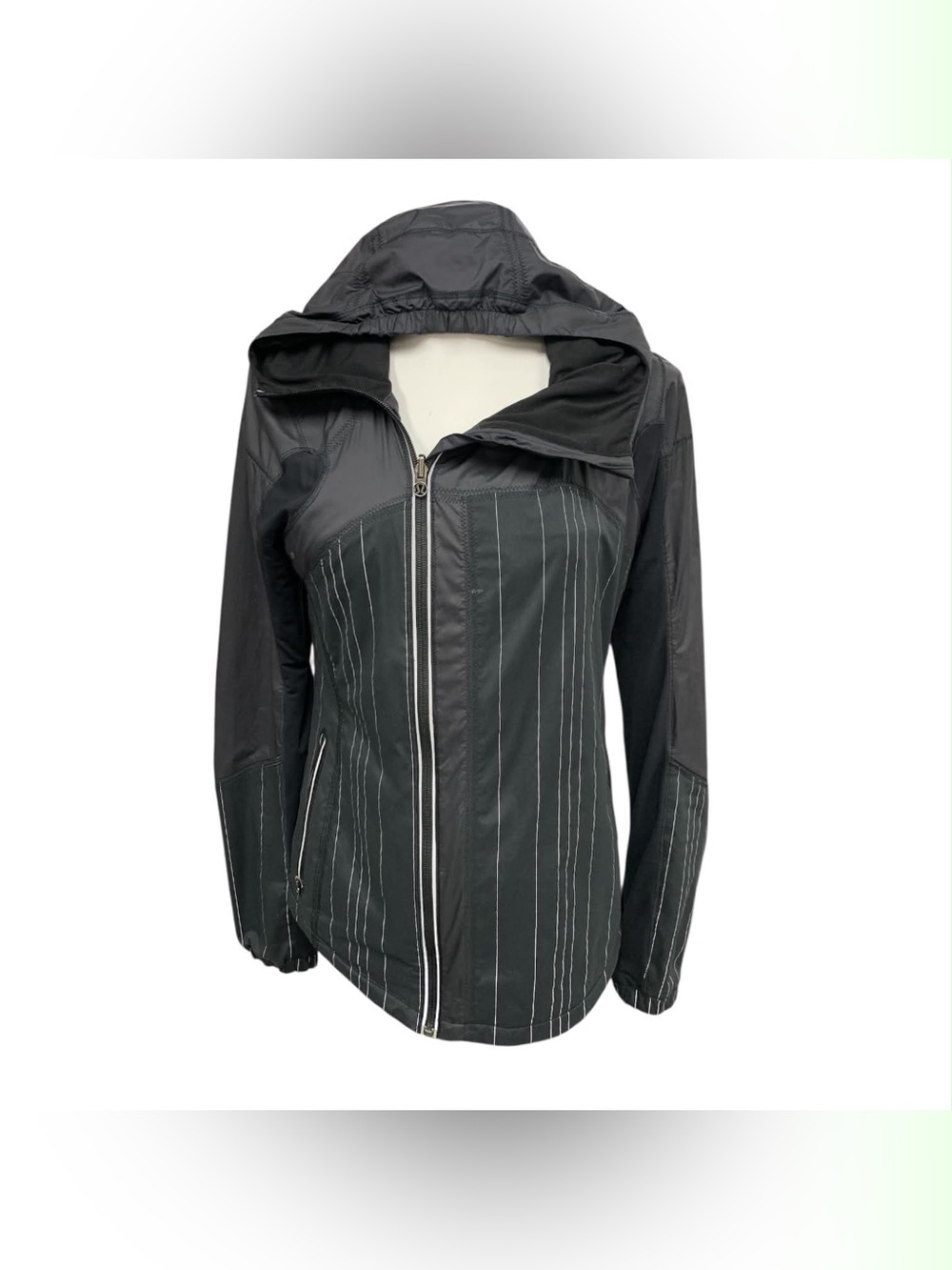 lululemon athletica Black Hooded Zip Jacket with Pinstripe Detail Size M